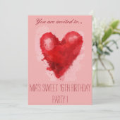 ピンクのハートアートスイート16歳の誕生日パーティー 招待状 (スタンド正面)