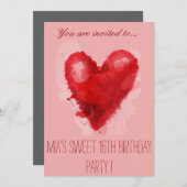 ピンクのハートアートスイート16歳の誕生日パーティー 招待状 (正面/裏面)