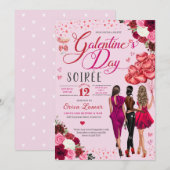 ピンクのハートガレンティーズデイガールフレンズパーティー 招待状 (正面/裏面)