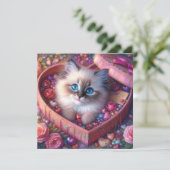 ピンクのハートキャンディボックスラグドール子猫バレンタイン シーズンカード (スタンド正面)