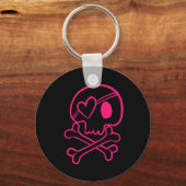 ピンクのハートスカルとクロスボーンボタンのキーチェーン キーホルダー (正面)