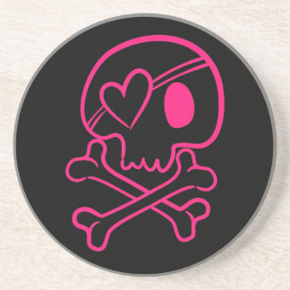 ピンクのハートスカルとクロスボーン コースター