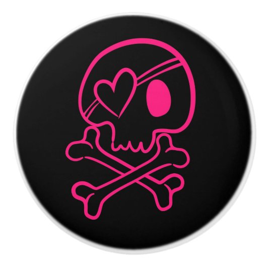 ピンクのハートスカルとクロスボーン セラミックノブ (正面)