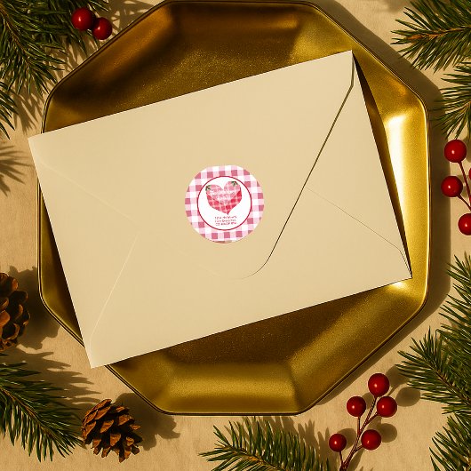 ピンクのハートチェック柄 オーダーメイド 返送先住所ラベル ラウンドシール