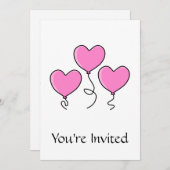 ピンクのハートバルーンと黒いアウトライン。 招待状 (正面/裏面)