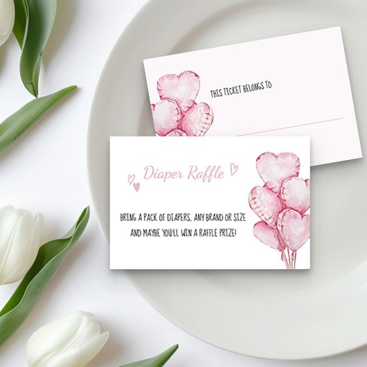 ピンクのハートバルーン付おむつラッフルチケット エンクロージャーカード