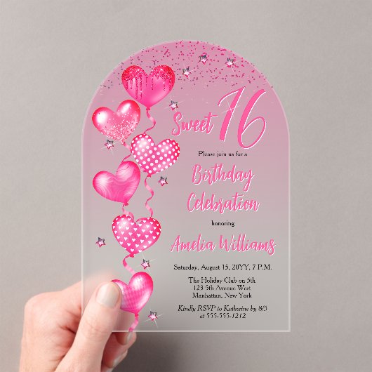 ピンクのハートバルーン甘い16誕生日パーティー アクリル招待状 (インサイチュ (ポータブル))