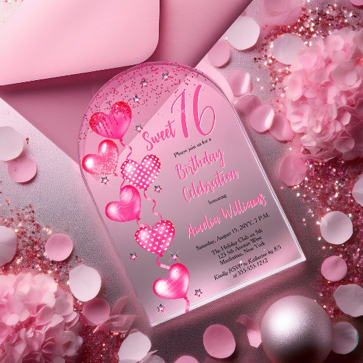 ピンクのハートバルーン甘い16誕生日パーティー アクリル招待状