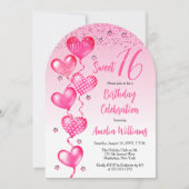 ピンクのハートバルーン甘い16誕生日パーティー 招待状 (正面)