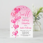 ピンクのハートバルーン甘い16誕生日パーティー 招待状 (スタンド正面)