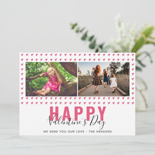 ピンクのハートバレンタインデーの台本の家族の写真 シーズンカード (スタンド正面)