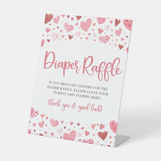 ピンクのハートバレンタインデーシャワーおむつラッフル 台座サイン (正面)