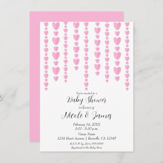 ピンクのハートバレンタインデーズベビーシャワー 招待状 (正面/裏面)