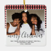 ピンクのハートパターンメリークリスマスフォト セラミックオーナメント (正面)