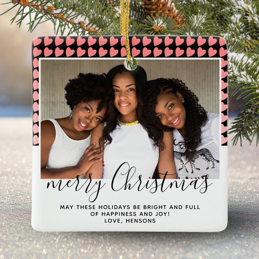 ピンクのハートパターンメリークリスマスフォト セラミックオーナメント