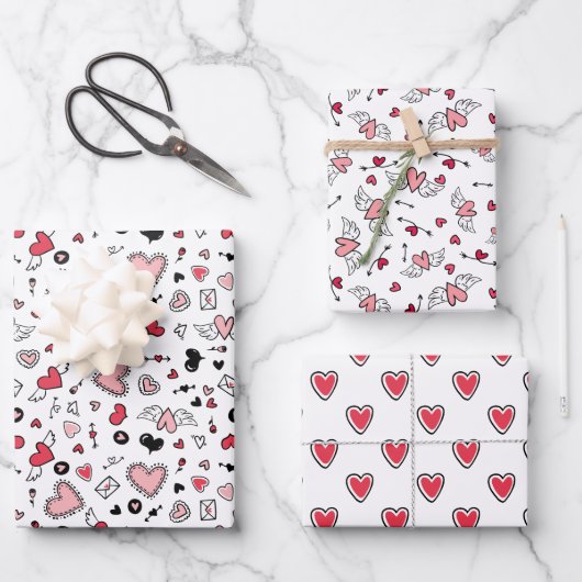 ピンクのハートパターン愛バレンタインデー ラッピングペーパーシート (正面)
