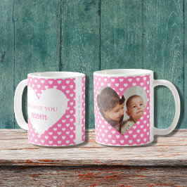 ピンクのハートパターン私たちはあなたを愛するママ写真 コーヒーマグカップ