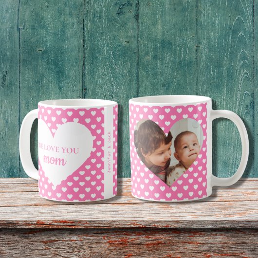 ピンクのハートパターン私たちはあなたを愛するママ写真 コーヒーマグカップ