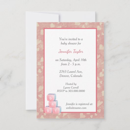 ピンクのハートパンダベアーベビーシャワー 招待状 (裏面)