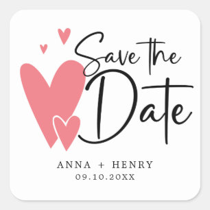 ピンクのハートパーソナライズされた結婚式の日付を保存 スクエアシール
