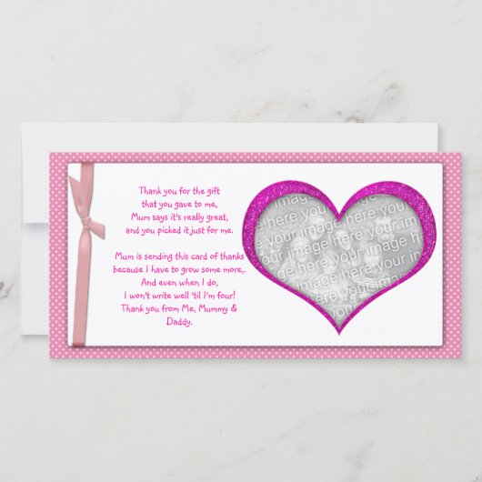 ピンクのハートフレームはベビーからの写真カード感謝していしています サンキューカード (正面)