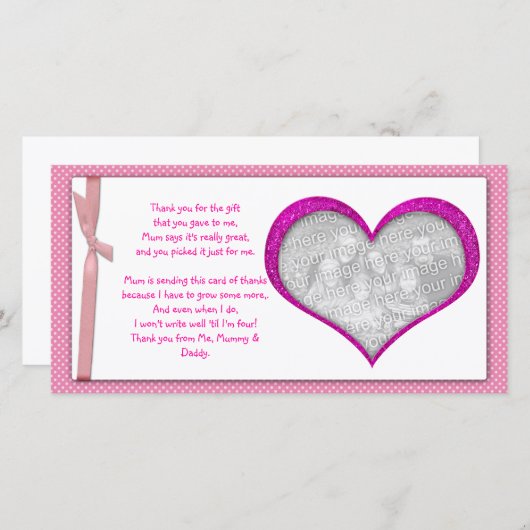 ピンクのハートフレームはベビーからの写真カード感謝していしています サンキューカード (正面/裏面)