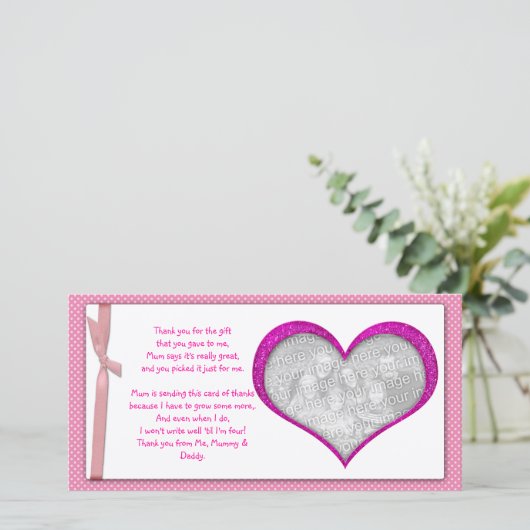 ピンクのハートフレームはベビーからの写真カード感謝していしています サンキューカード (スタンド正面)