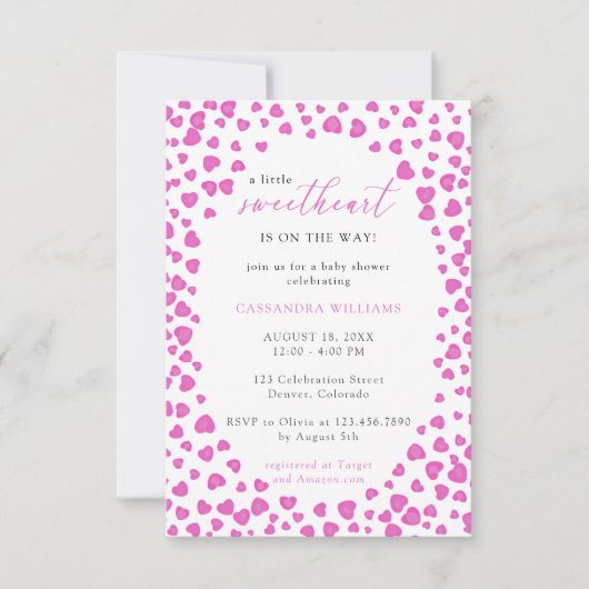 ピンクのハートフレーム小さな恋人の赤ちゃんシャワー 招待状 (正面)