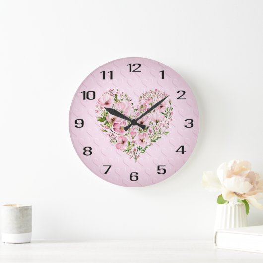 ピンクのハートフローラウォールクロック ラージ壁時計 (ホーム)