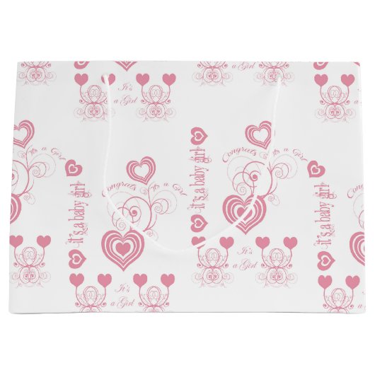 ピンクのハートベビーシャワー ラージペーパーバッグ (正面)