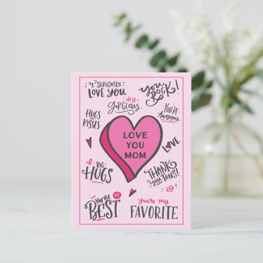 ピンクのハートマザーズの日よくはしゃぐスタイリッシュ引用文 ポストカード (スタンド正面)