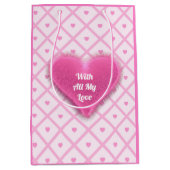 ピンクのハートモダンプレイドコレクション ミディアムペーパーバッグ (正面)