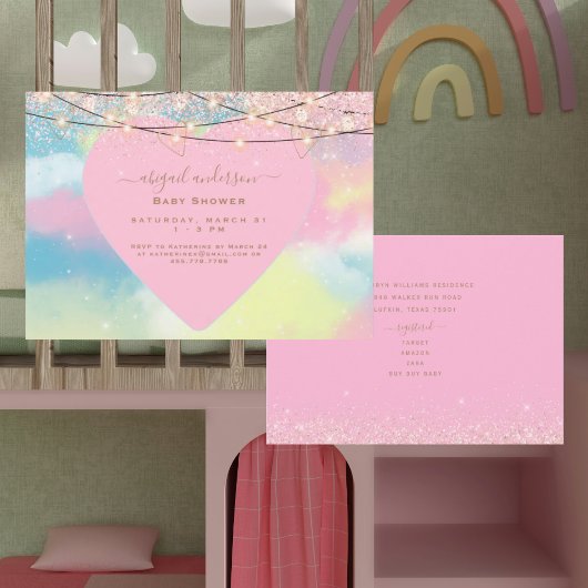 ピンクのハートライトベビーシャワー 招待状