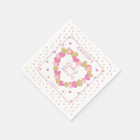 ピンクのハートリース少し甘い赤ちゃんシャワー スタンダードカクテルナプキン (角)