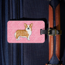ピンクのハート上の赤いペンブロークウェルシュコーギー＋テキスト ラゲッジタグ
