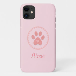 ピンクのハート付きモダンかわいいペットの足 iPhone 11 ケース