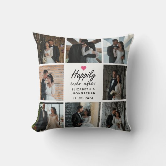 ピンクのハート写真コラージュの後で幸せにスクリプトを作成 クッション (正面)