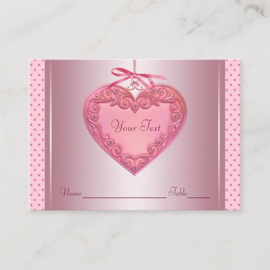 ピンクのハート名シーティングテーブルカード プレイスカード (正面)