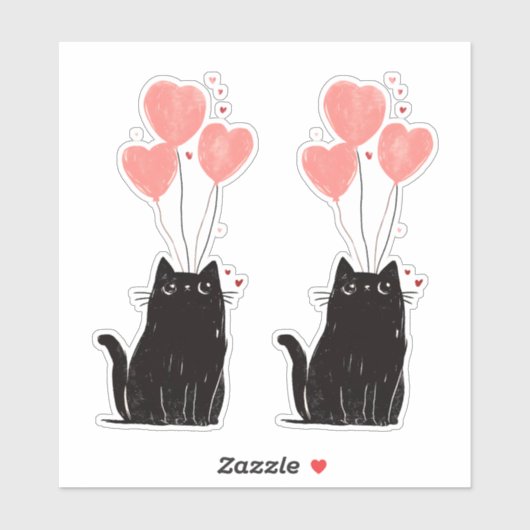 ピンクのハート型のバルーンがあってかわいい猫 シール (シート)