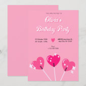 ピンクのハート型の可愛いお誕生日ケーキ 招待状 (正面/裏面)