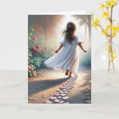 ピンクのハート型の花びらが敷き詰められた道を走る小さな女の子 カード (黄色い花)