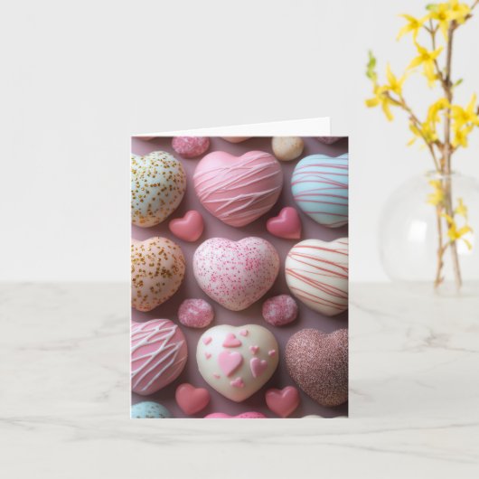 ピンクのハート型キャンディスバレンタインデー カード (黄色い花)