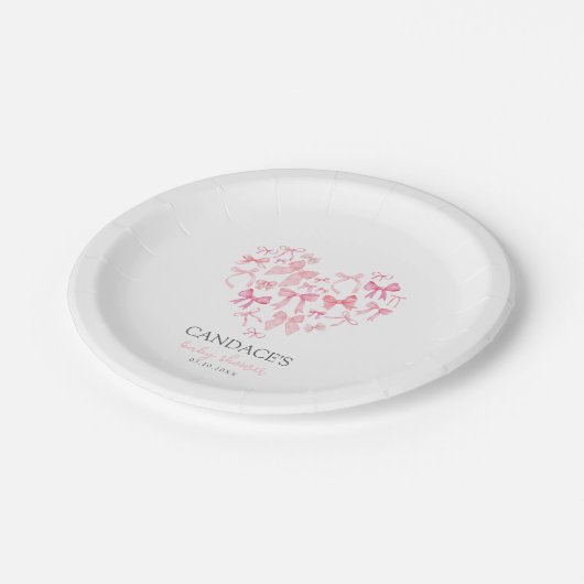 ピンクのハート型リボン オーダーメイド ベビーシャワー セレブレーション ペーパープレート (アングル)