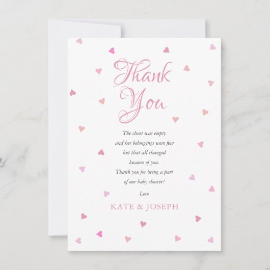ピンクのハート女の子の赤ちゃんシャワーありがとう詩 サンキューカード (正面)