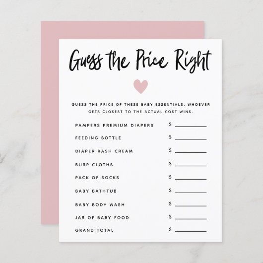 ピンクのハート女の子の赤ちゃんシャワー価格を右に推測 (正面/裏面)