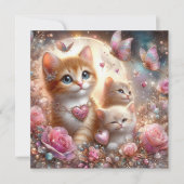 ピンクのハート子猫蝶バレンタイン シーズンカード (正面)