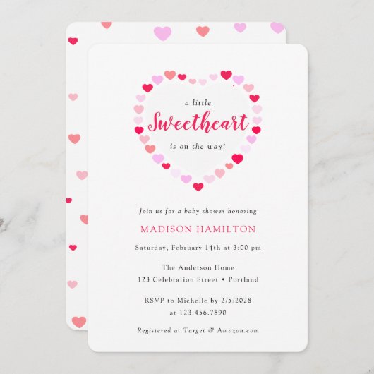ピンクのハート少し甘い赤ちゃんシャワー 招待状 (正面/裏面)