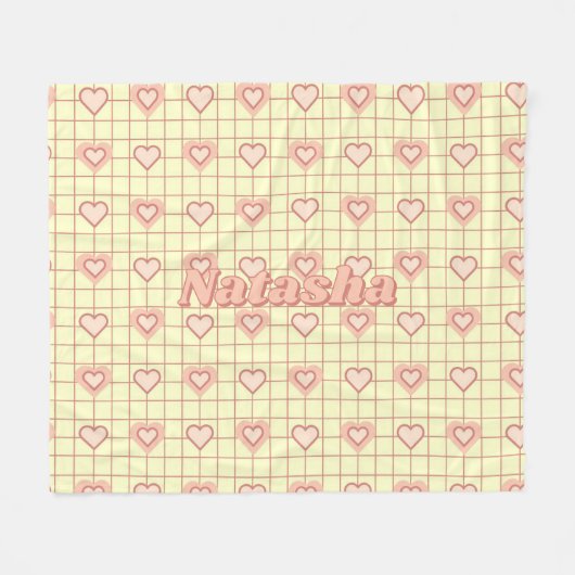 ピンクのハート市松模様にクリームバレンタインデーのプレゼント フリースブランケット (正面(横))