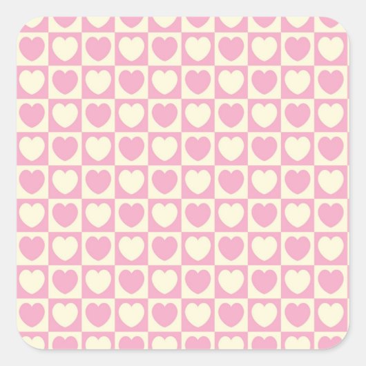 ピンクのハート市松模様にスクエアステッカー スクエアシール (正面)