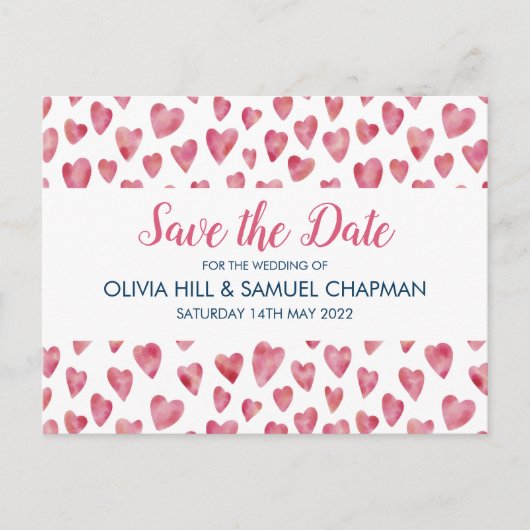 ピンクのハート日付カードの保存 案内ポストカード (正面)